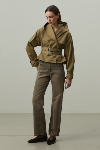 Kapüşonlu Kemerli Trenç Ceket Haki