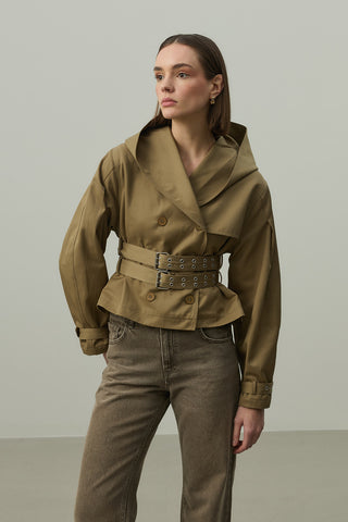 Kapüşonlu Kemerli Trenç Ceket Haki