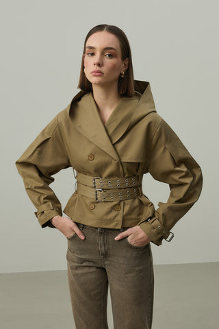 Kapüşonlu Kemerli Trenç Ceket Haki