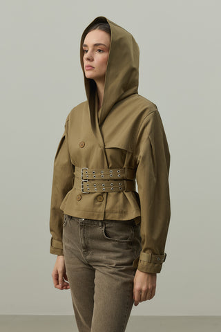 Kapüşonlu Kemerli Trenç Ceket Haki