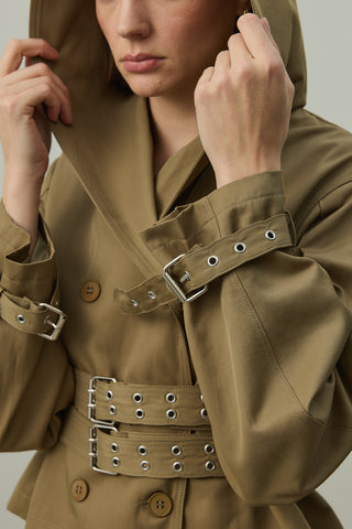 Kapüşonlu Kemerli Trenç Ceket Haki