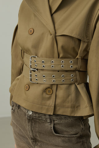 Kapüşonlu Kemerli Trenç Ceket Haki