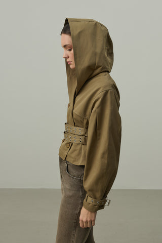 Kapüşonlu Kemerli Trenç Ceket Haki