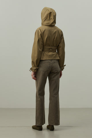 Kapüşonlu Kemerli Trenç Ceket Haki