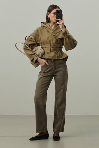 Kapüşonlu Kemerli Trenç Ceket Haki