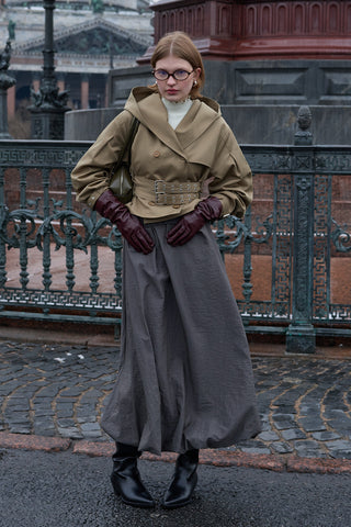 Kapüşonlu Kemerli Trenç Ceket Haki