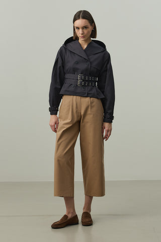 Kapüşonlu Kemerli Trenç Ceket Lacivert