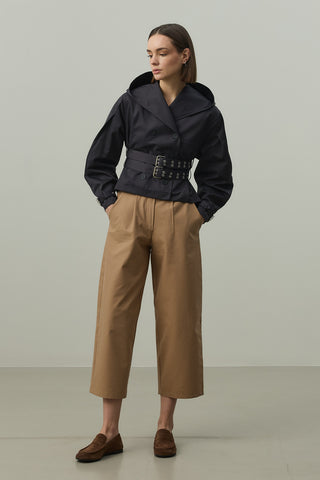 Kapüşonlu Kemerli Trenç Ceket Lacivert