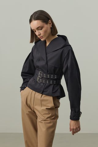 Kapüşonlu Kemerli Trenç Ceket Lacivert