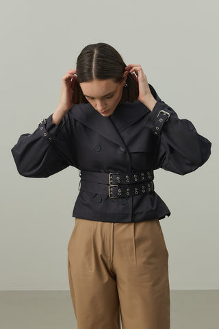 Kapüşonlu Kemerli Trenç Ceket Lacivert