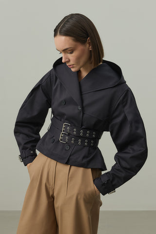 Kapüşonlu Kemerli Trenç Ceket Lacivert