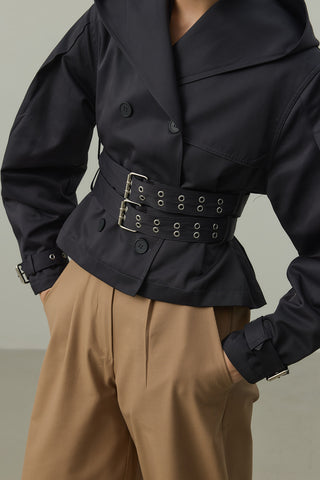 Kapüşonlu Kemerli Trenç Ceket Lacivert