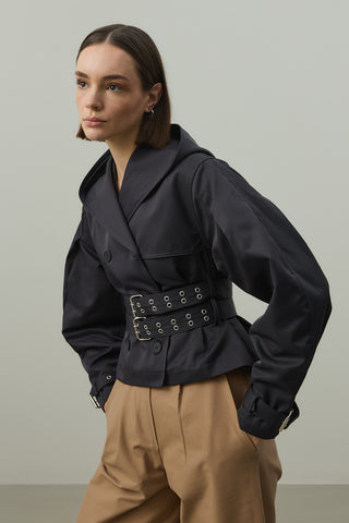 Kapüşonlu Kemerli Trenç Ceket Lacivert