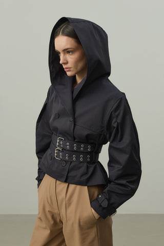 Kapüşonlu Kemerli Trenç Ceket Lacivert