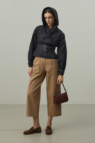 Kapüşonlu Kemerli Trenç Ceket Lacivert