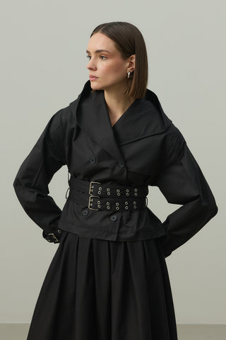 Kapüşonlu Kemerli Trenç Ceket Siyah