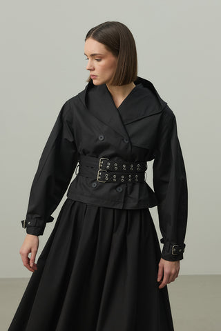 Kapüşonlu Kemerli Trenç Ceket Siyah