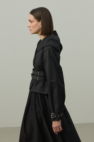 Kapüşonlu Kemerli Trenç Ceket Siyah