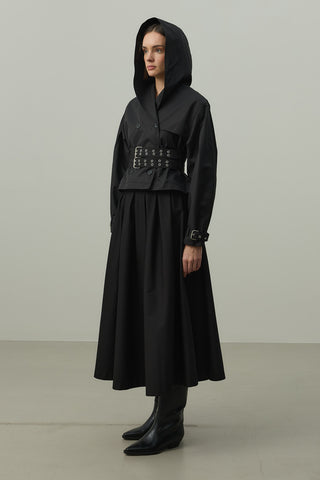 Kapüşonlu Kemerli Trenç Ceket Siyah