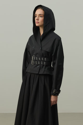 Kapüşonlu Kemerli Trenç Ceket Siyah