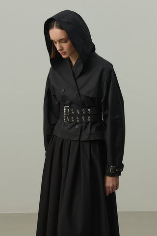 Kapüşonlu Kemerli Trenç Ceket Siyah