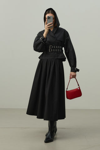 Kapüşonlu Kemerli Trenç Ceket Siyah