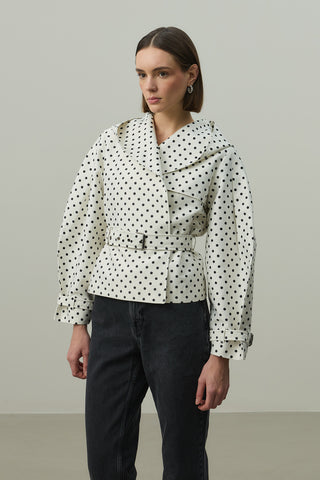 Kapüşonlu Puantiye Trenç Ceket Ekru