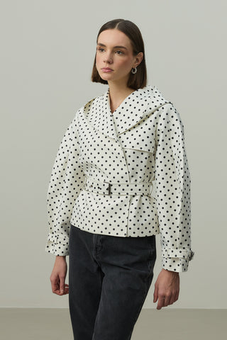 Kapüşonlu Puantiye Trenç Ceket Ekru