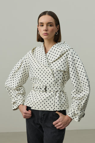 Kapüşonlu Puantiye Trenç Ceket Ekru