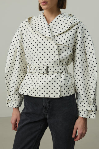 Kapüşonlu Puantiye Trenç Ceket Ekru