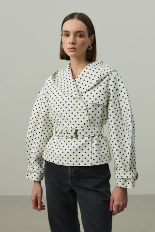 Kapüşonlu Puantiye Trenç Ceket Ekru