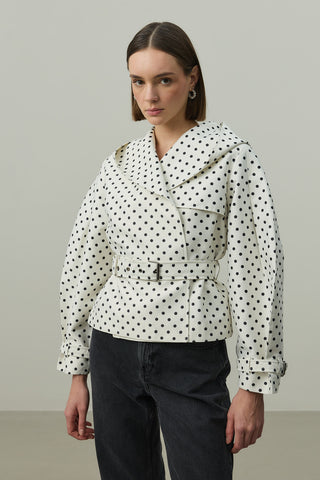 Kapüşonlu Puantiye Trenç Ceket Ekru