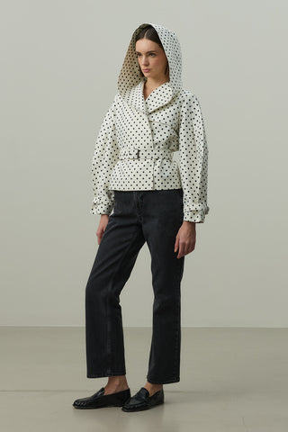 Kapüşonlu Puantiye Trenç Ceket Ekru
