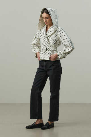 Kapüşonlu Puantiye Trenç Ceket Ekru