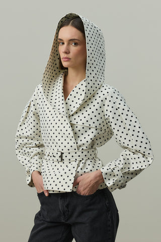 Kapüşonlu Puantiye Trenç Ceket Ekru