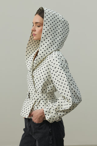 Kapüşonlu Puantiye Trenç Ceket Ekru