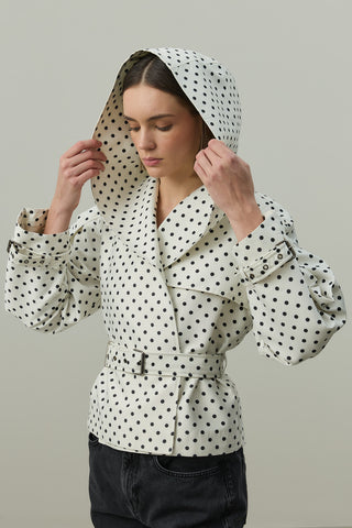 Kapüşonlu Puantiye Trenç Ceket Ekru