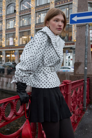 Kapüşonlu Puantiye Trenç Ceket Ekru