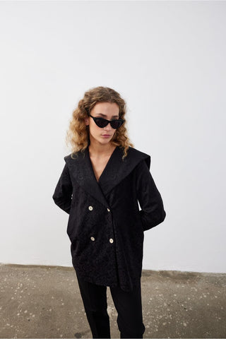 Kare Yaka Kadın Ceket Siyah Siyah