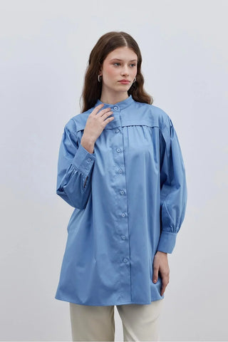 Kat Detaylı Gömlek Mavi - Fahhar Design