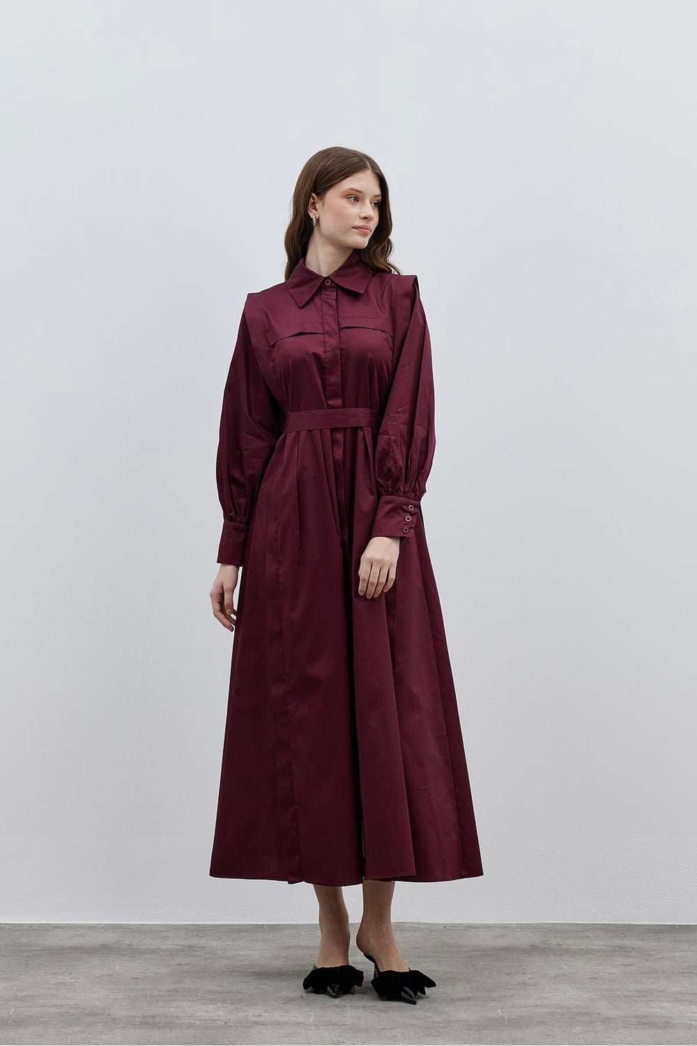 Fold Detail Dress, Burgundy