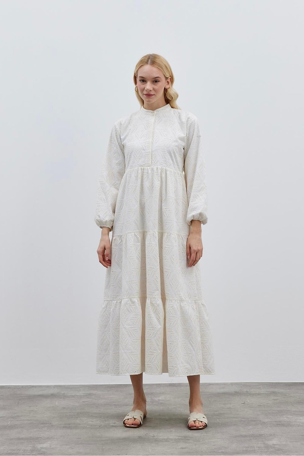 Layered Embroidery Dress Ecru