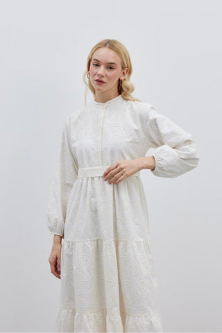 Katlı Brode Elbise Ekru - Fahhar Design