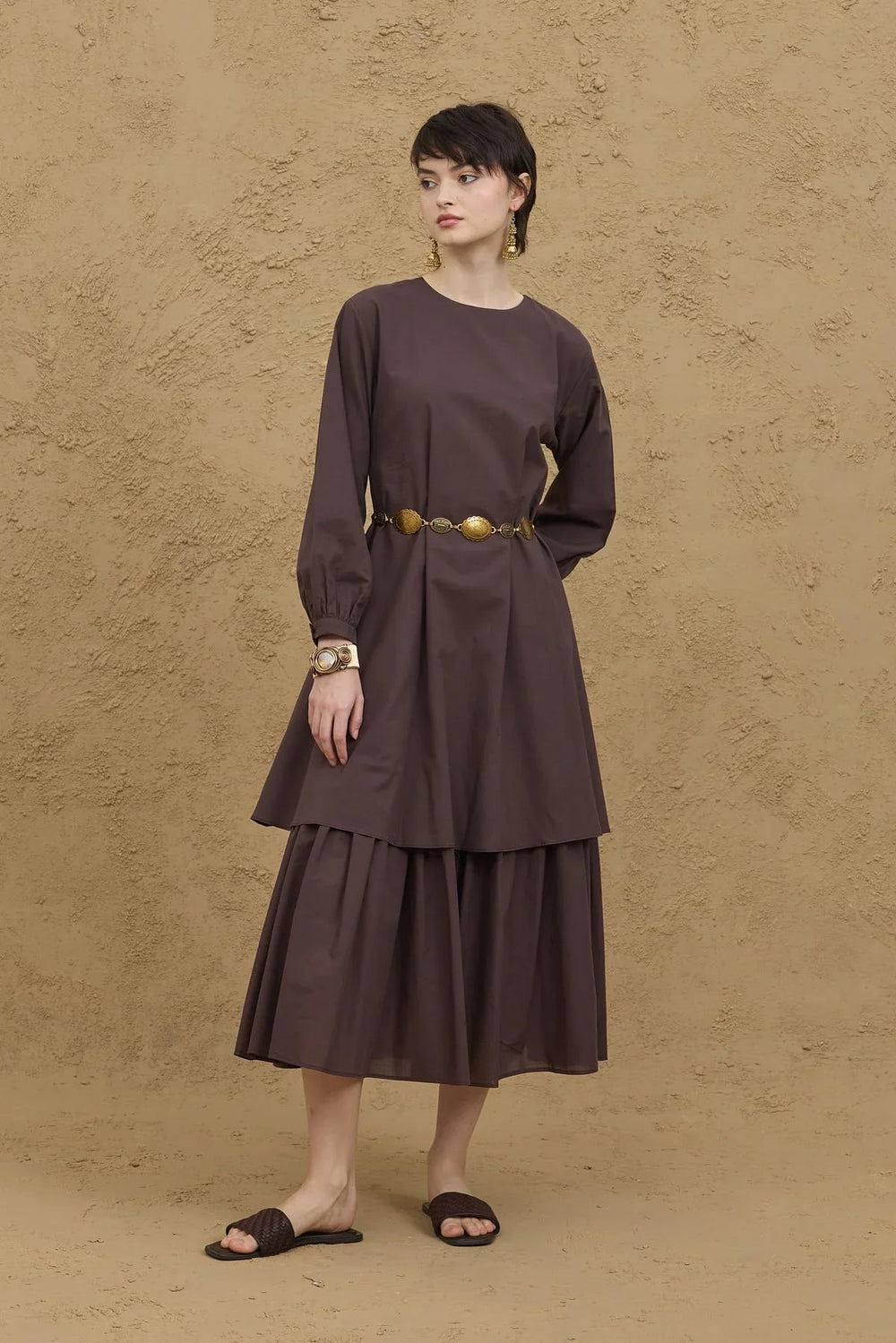 Layered Voile Dress Bitter Brown