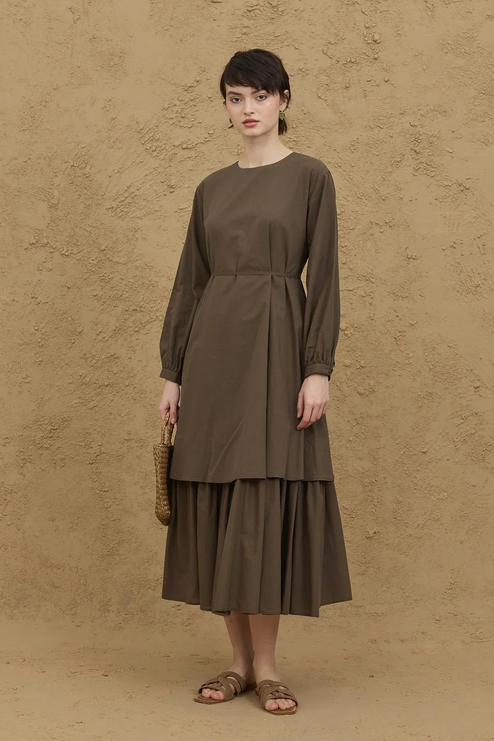Layered Voile Dress Khaki