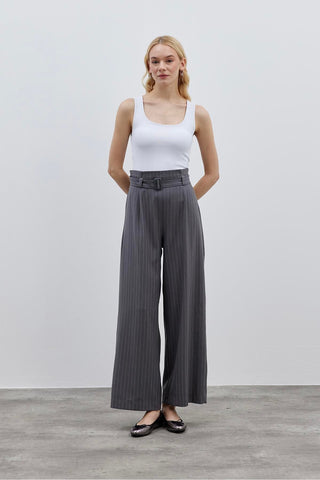 Belt Detailed Women's Trousers Gray Striped