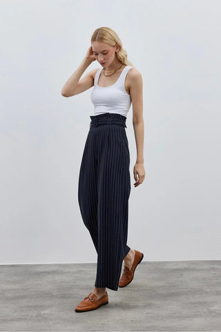 Women's Navy Blue Striped Trousers with Belt Detail