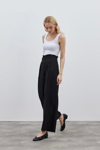 Belt Detailed Women's Trousers Black Striped