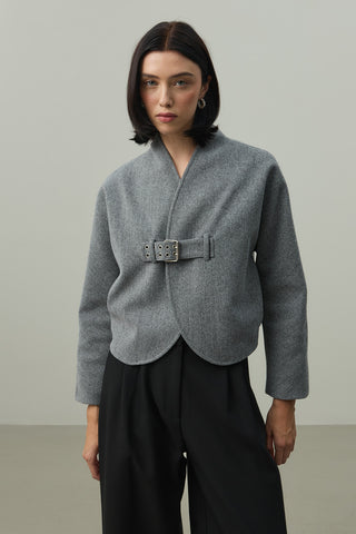Kemer Detaylı Kaşe Ceket Gri