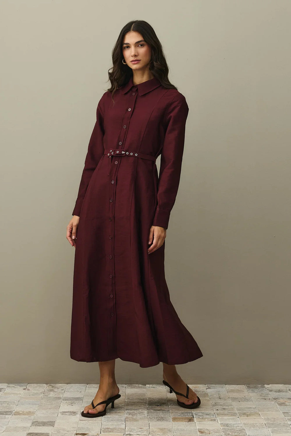 Belted Shirt Dress Burgundy